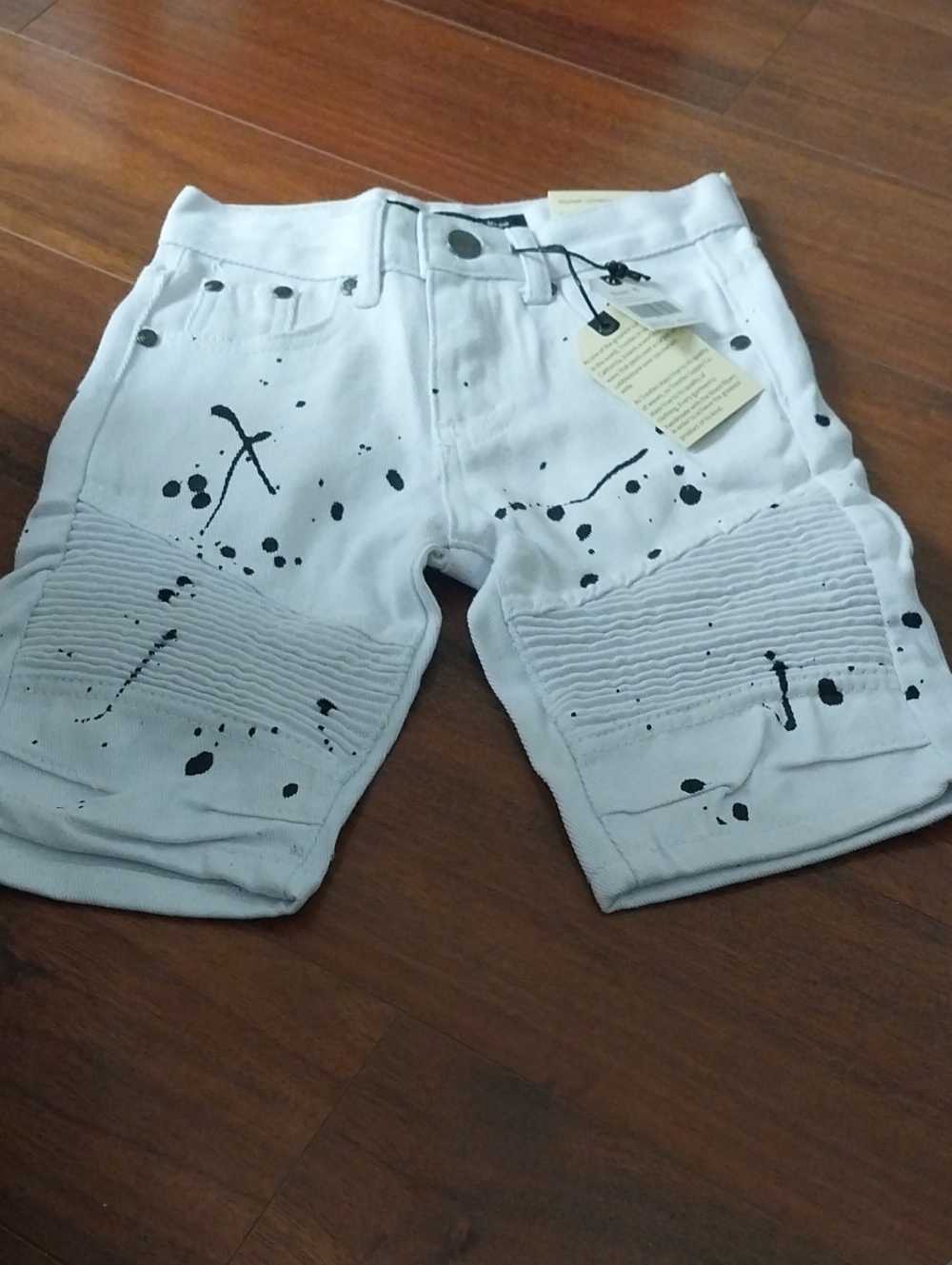 Boy's White Distressed Paint-Splatter Biker Jeans Shorts